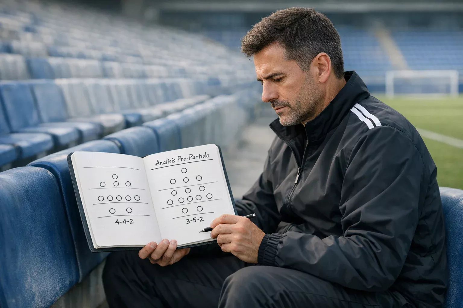 Entrenador de fútbol analizando estadísticas y tácticas con libreta en el banquillo