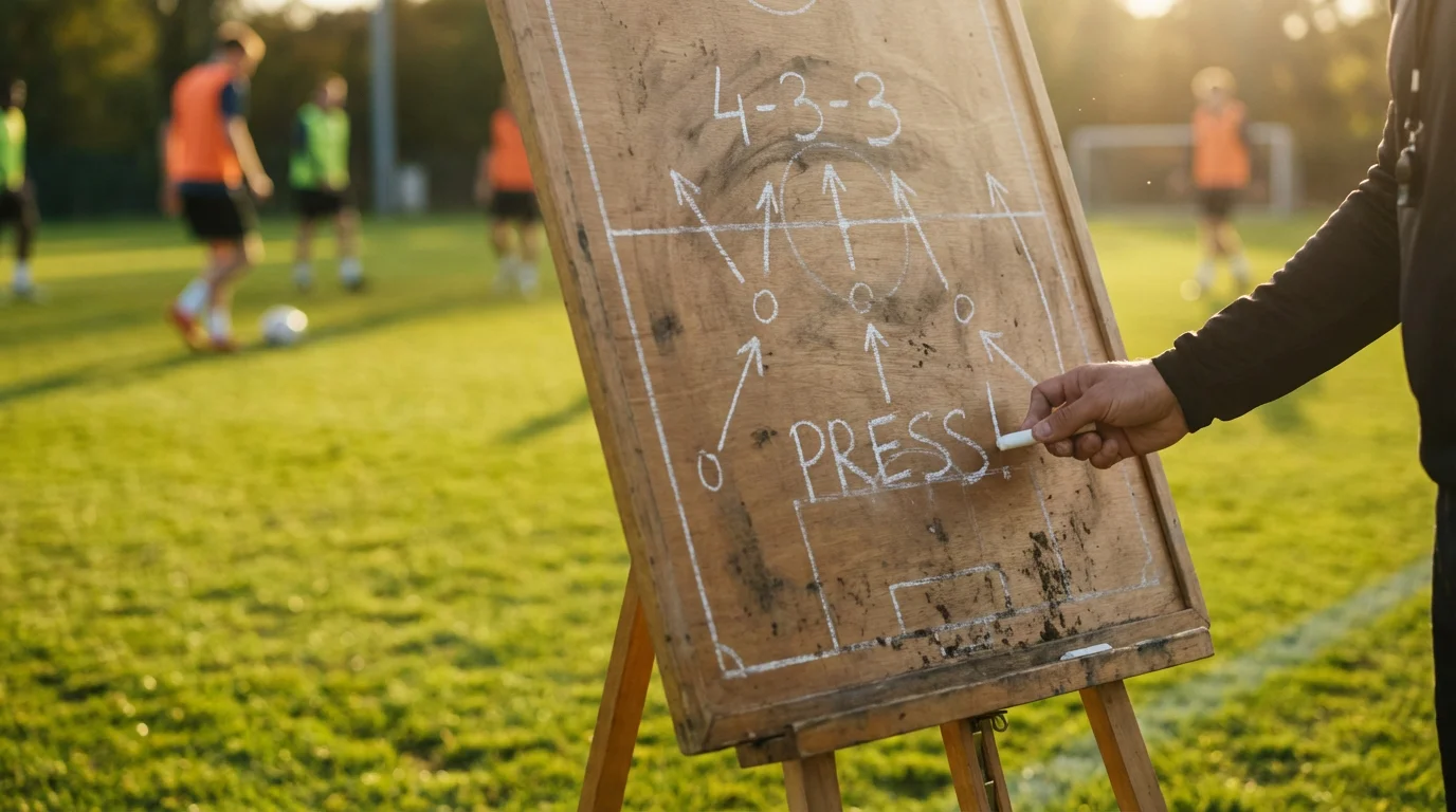 Pizarra táctica de fútbol con formación dibujada en tiza junto al césped del campo