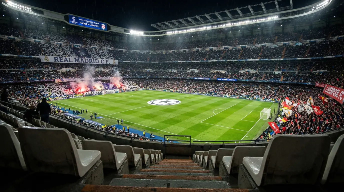 Estadio de fútbol iluminado de noche con césped verde intenso visto desde la grada