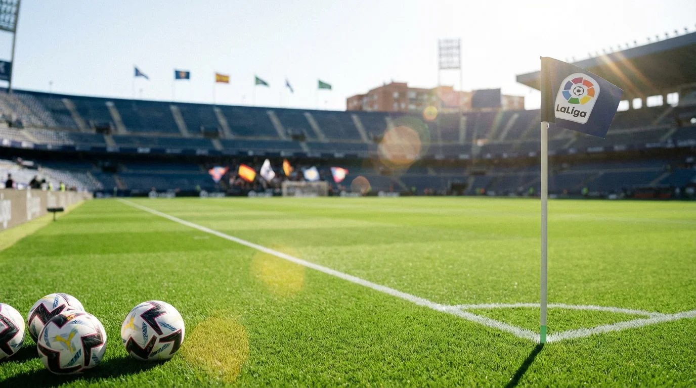Campo de fútbol de LaLiga con césped perfectamente cortado visto desde la banda