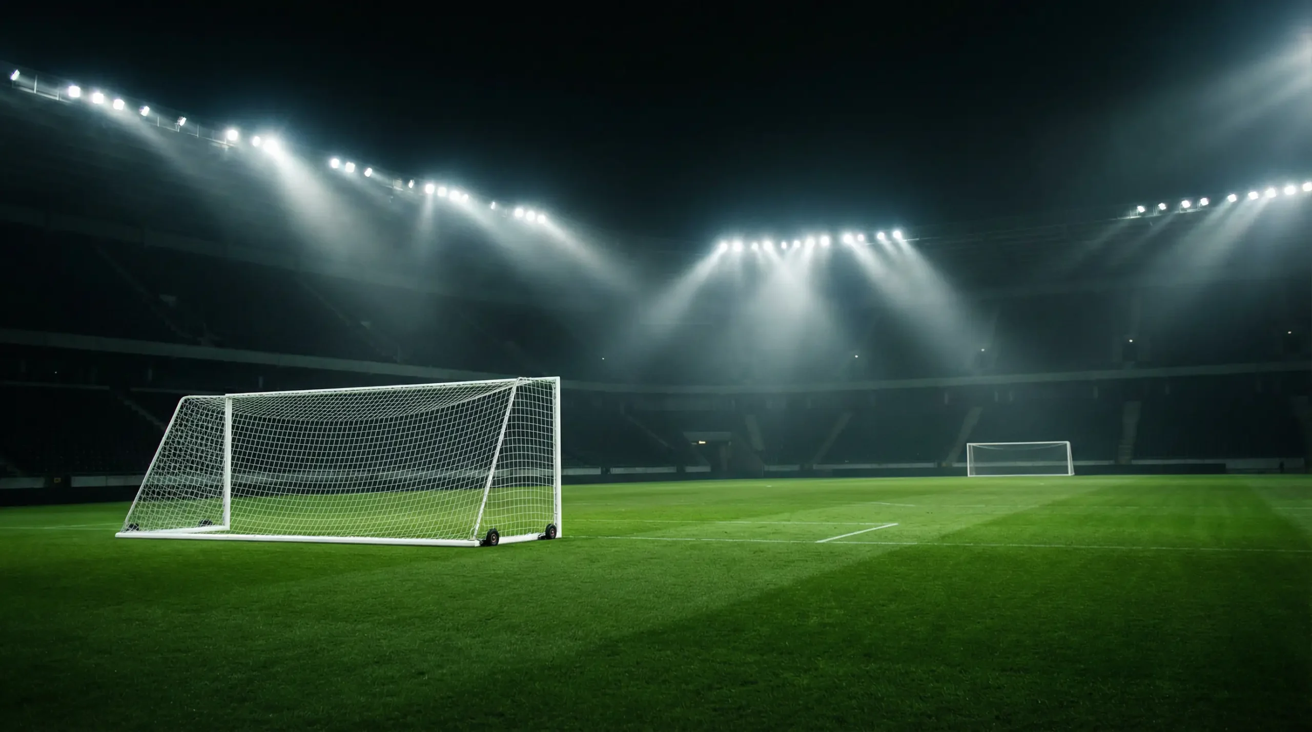 Dos porterías de fútbol enfrentadas en un campo de césped bajo iluminación artificial nocturna