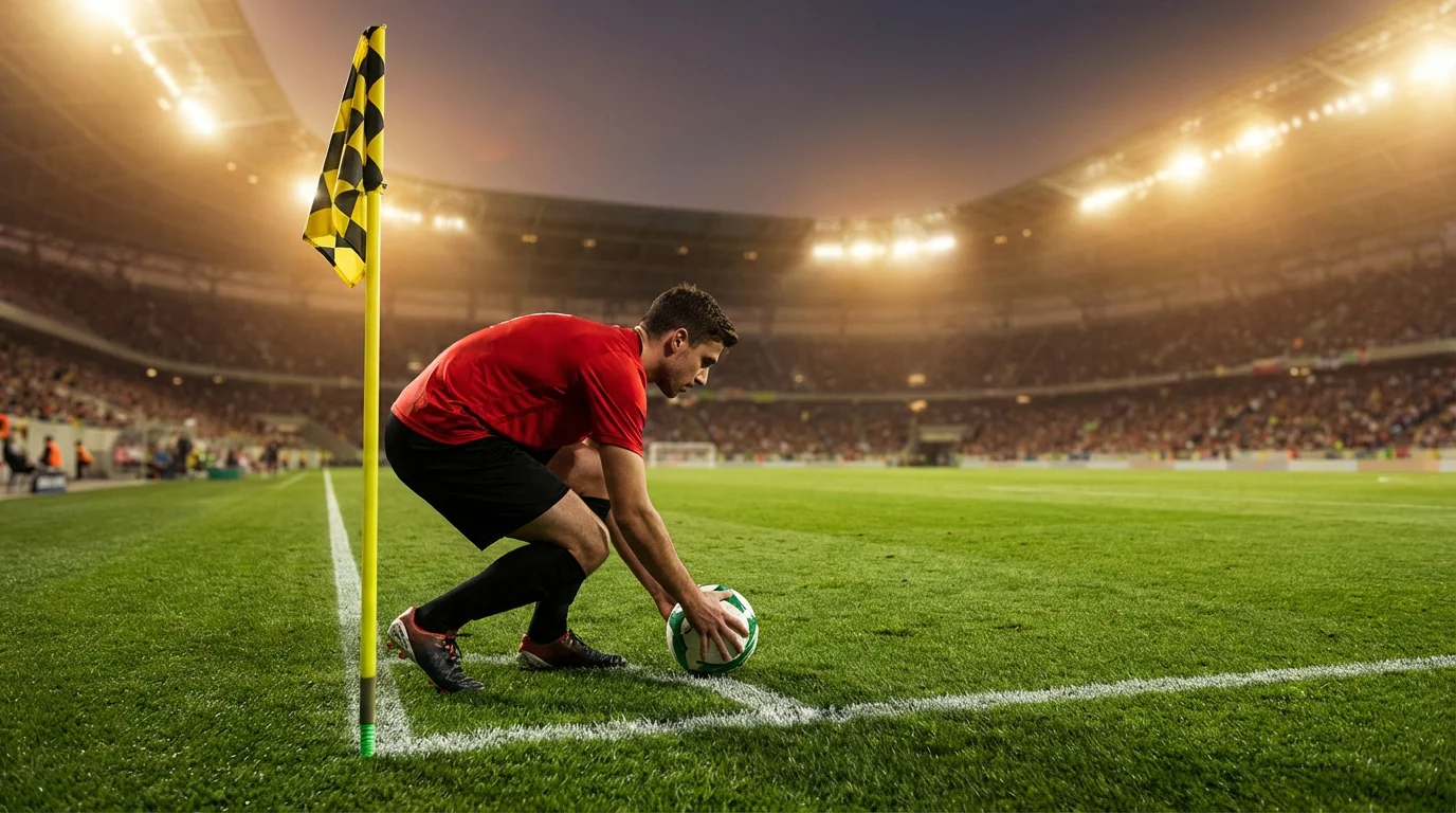 Jugador de fútbol preparando un saque de esquina en la bandera del córner del campo