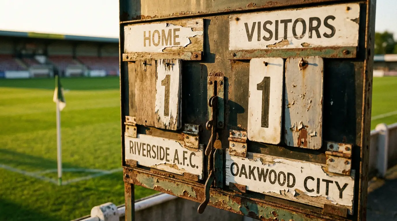 Marcador de estadio mostrando un empate con el campo de fútbol al fondo