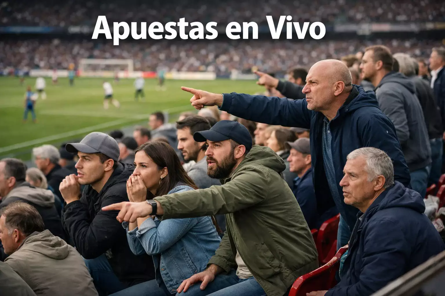 Aficionados viendo partido de fútbol en directo desde las gradas del estadio con emoción