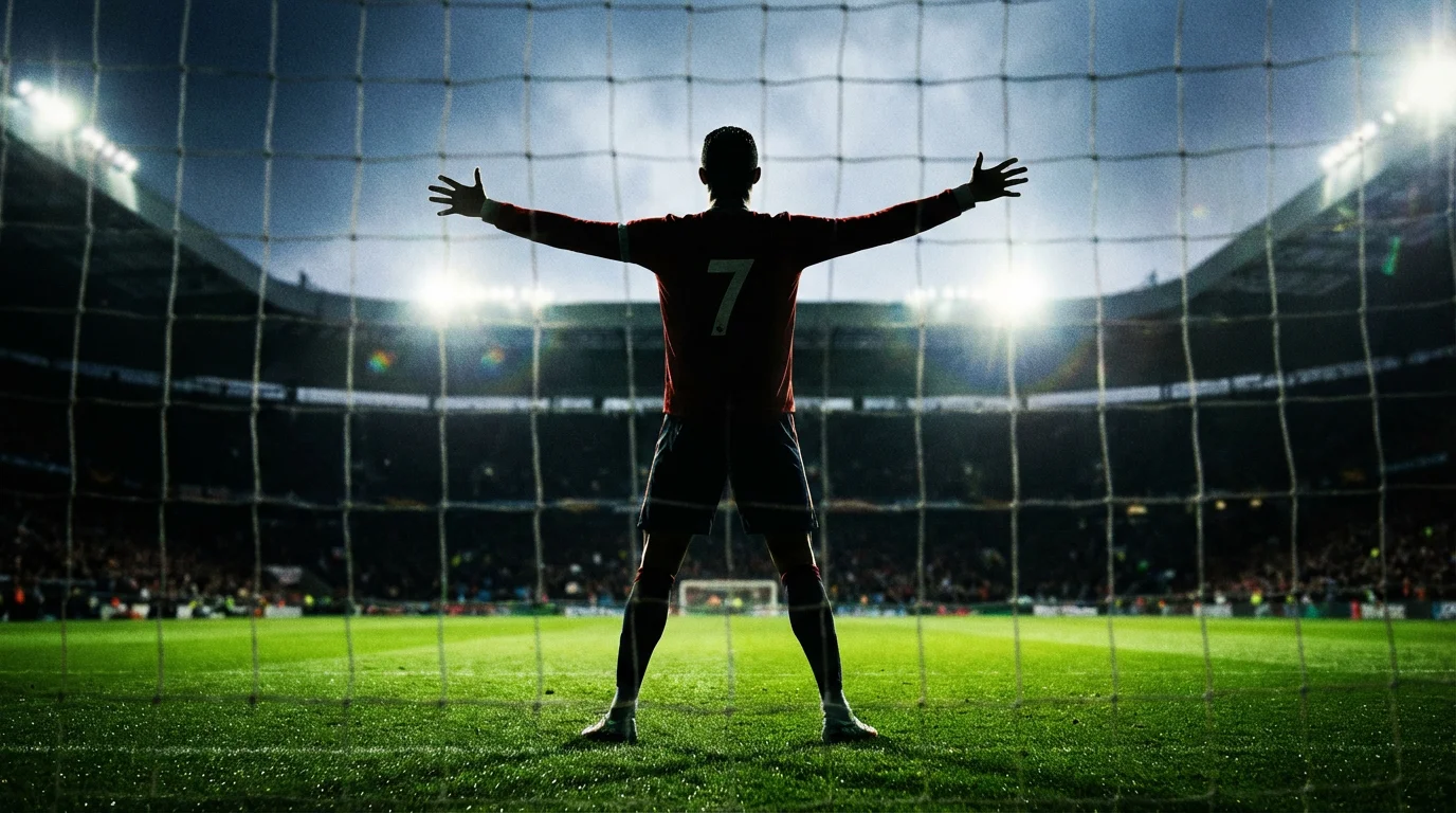 Delantero de fútbol celebrando un gol con los brazos abiertos frente a la portería