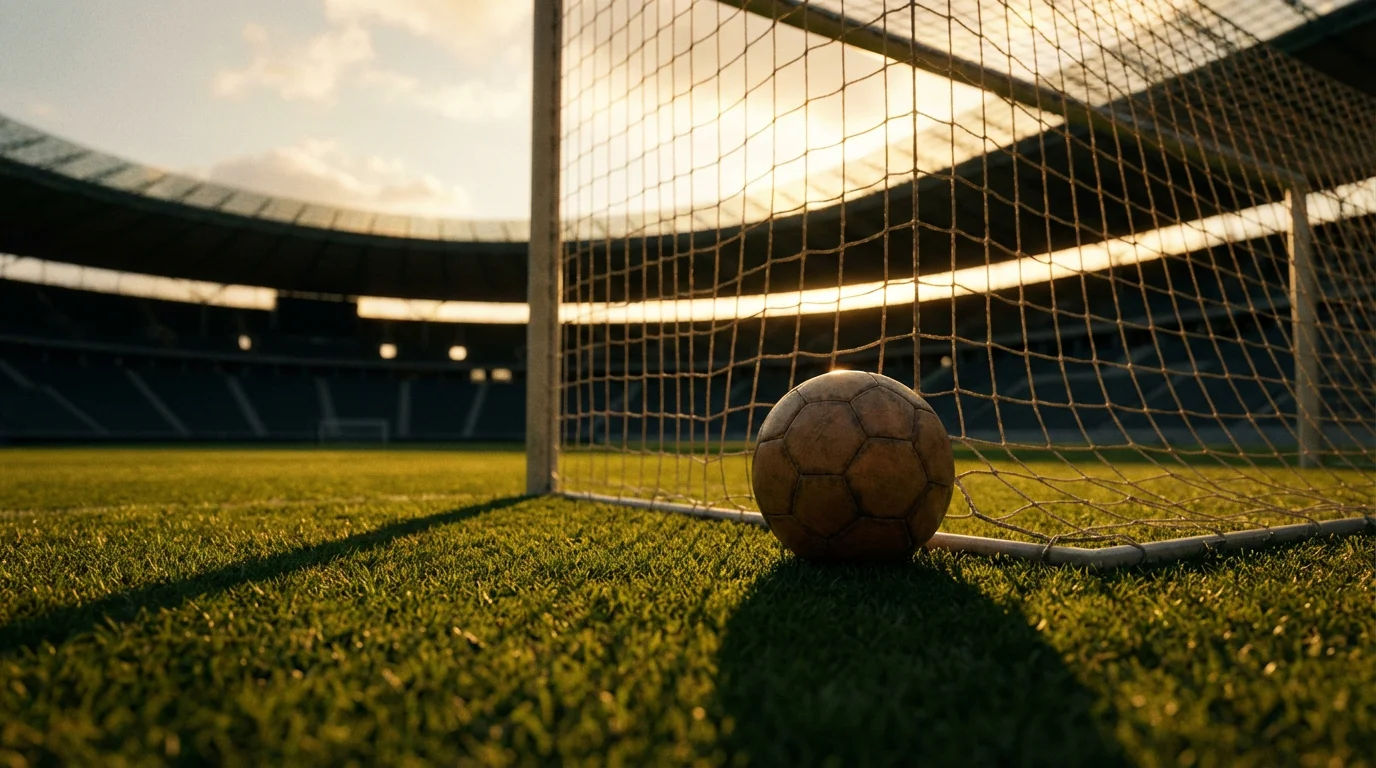 Balón de fútbol junto a una red de portería en un estadio iluminado al atardecer