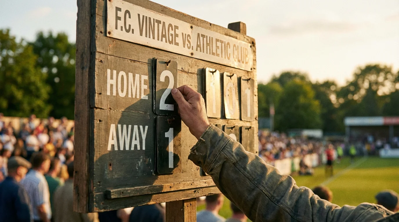 Marcador manual de fútbol con números cambiándose durante un partido en el estadio