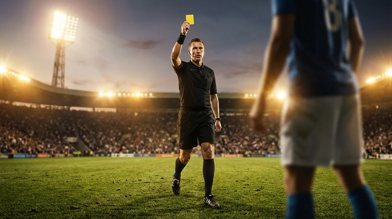 Árbitro de fútbol mostrando una tarjeta amarilla en un partido sobre césped