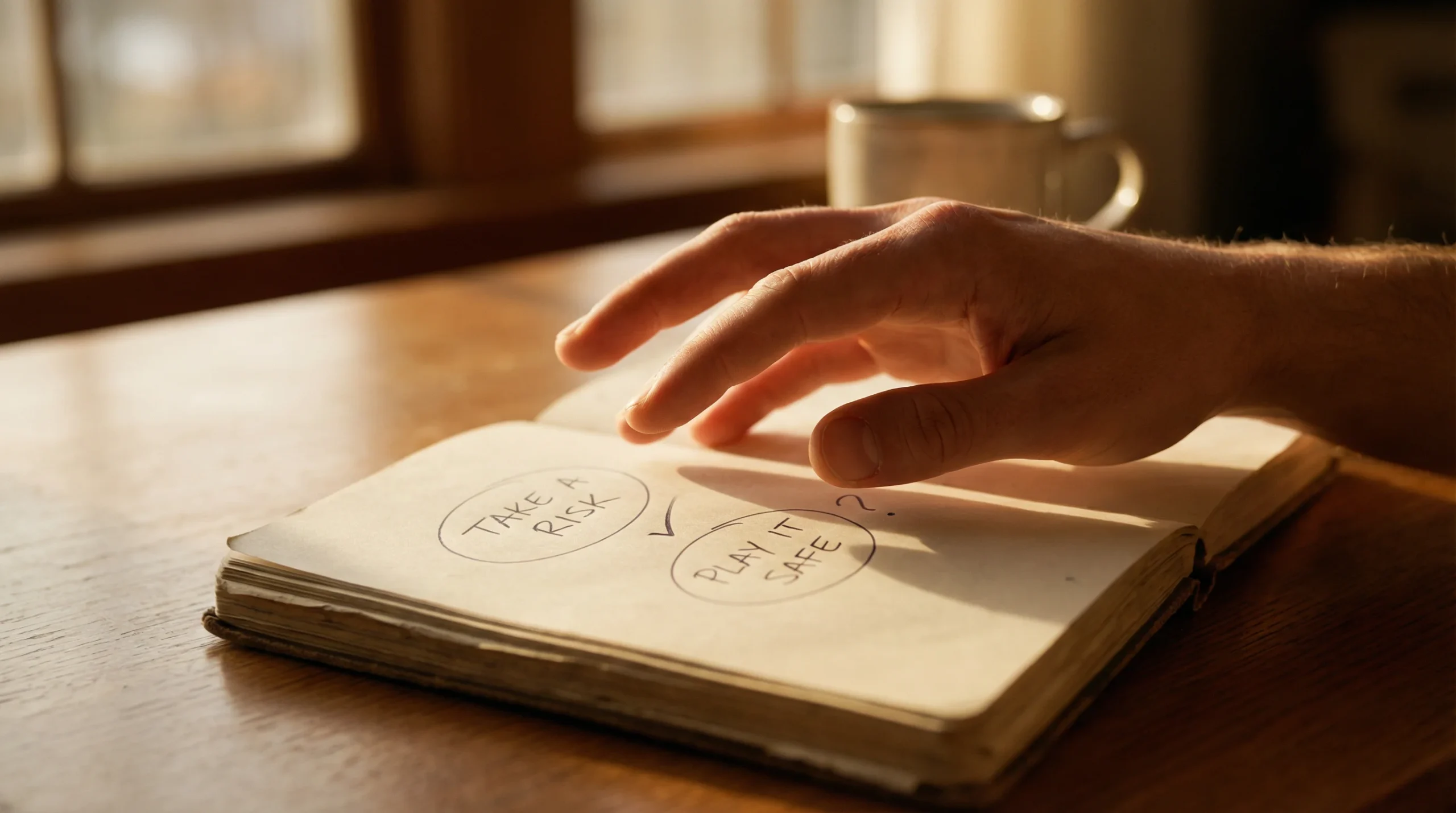 Mano de persona dudando entre dos opciones señaladas en un cuaderno abierto