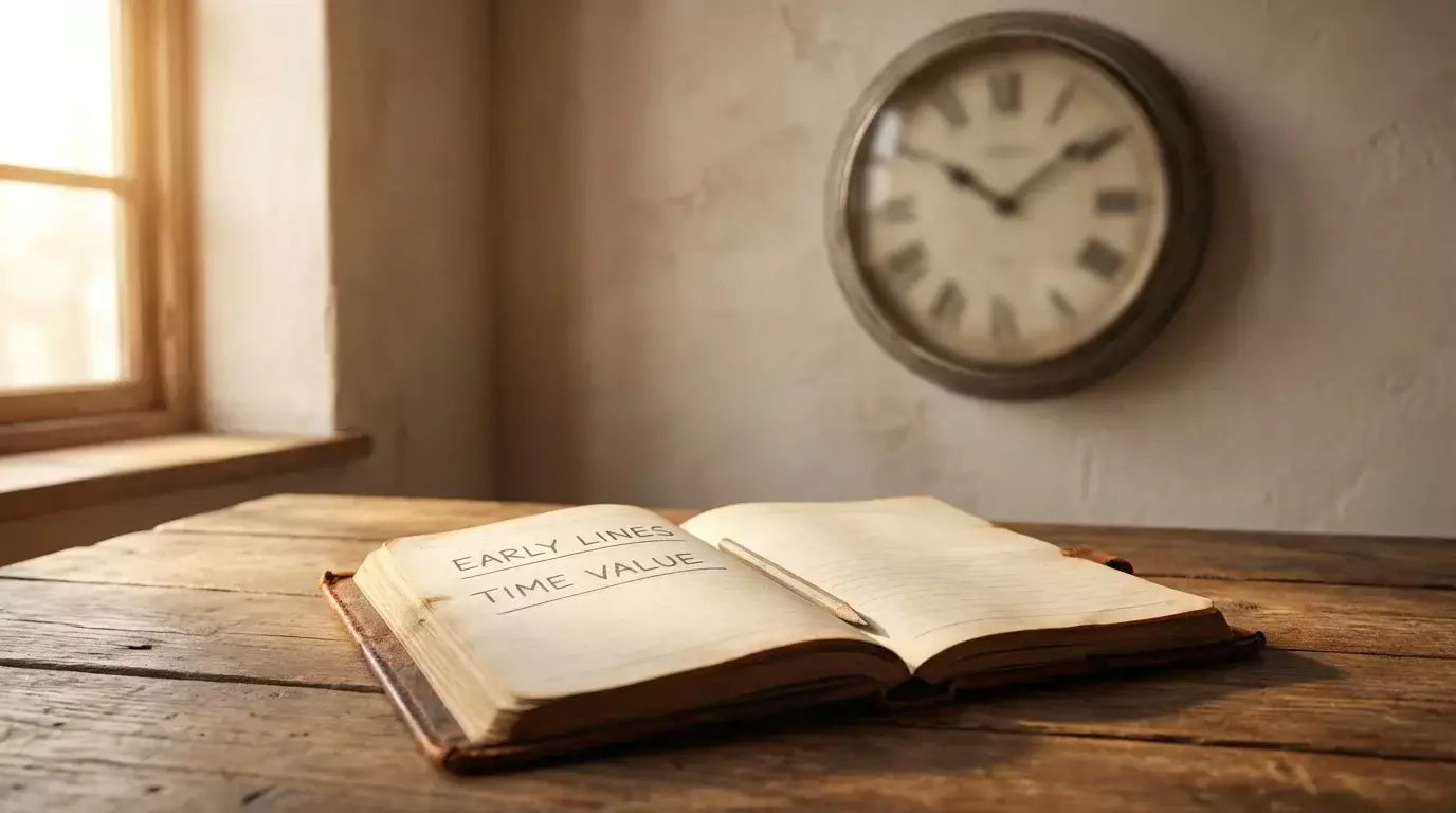 Reloj de pared marcando la hora con un cuaderno de apuestas abierto en primer plano