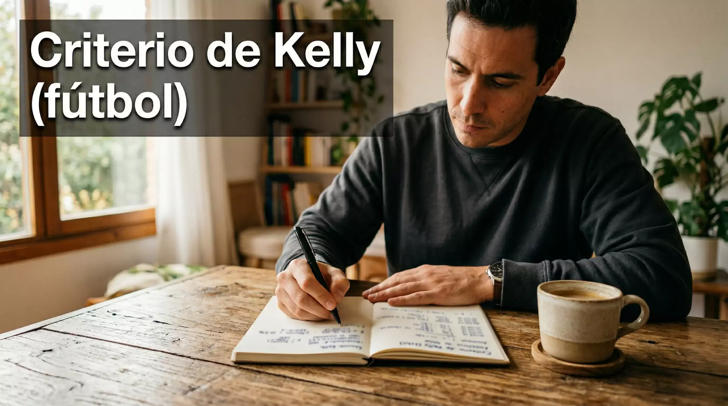 Persona analizando estadísticas de fútbol con cuaderno y bolígrafo sobre una mesa de madera