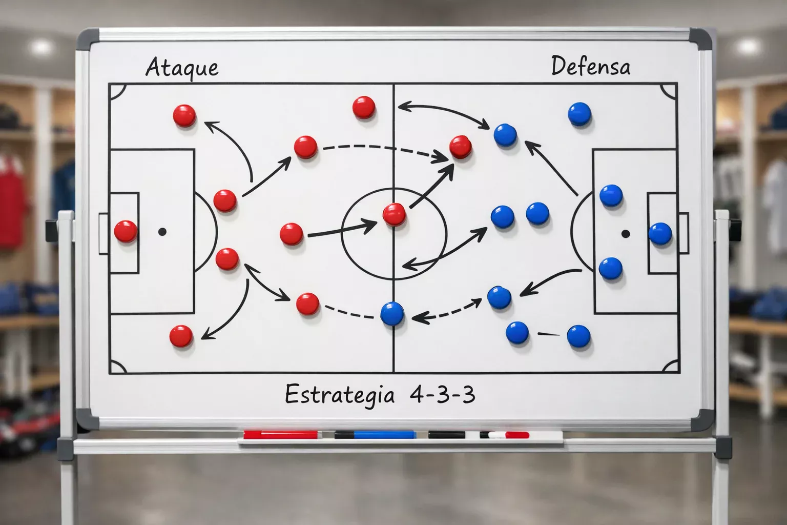 Análisis táctico de fútbol con pizarra mostrando formaciones y movimientos de jugadores