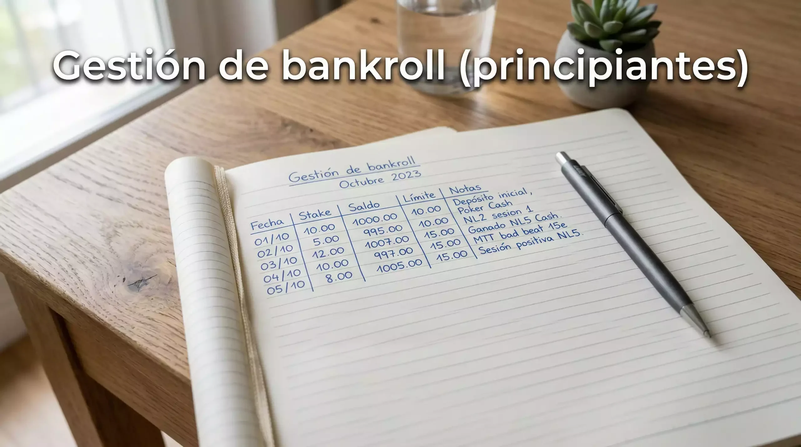 Cuaderno abierto con anotaciones financieras y un bolígrafo sobre un escritorio ordenado
