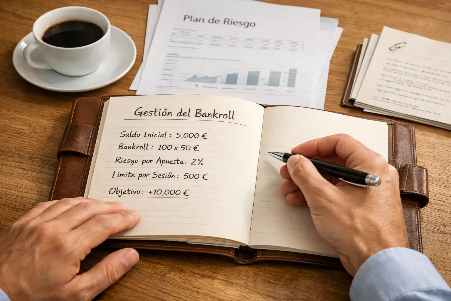 Persona revisando documentos financieros y notas con bolígrafo en escritorio organizado