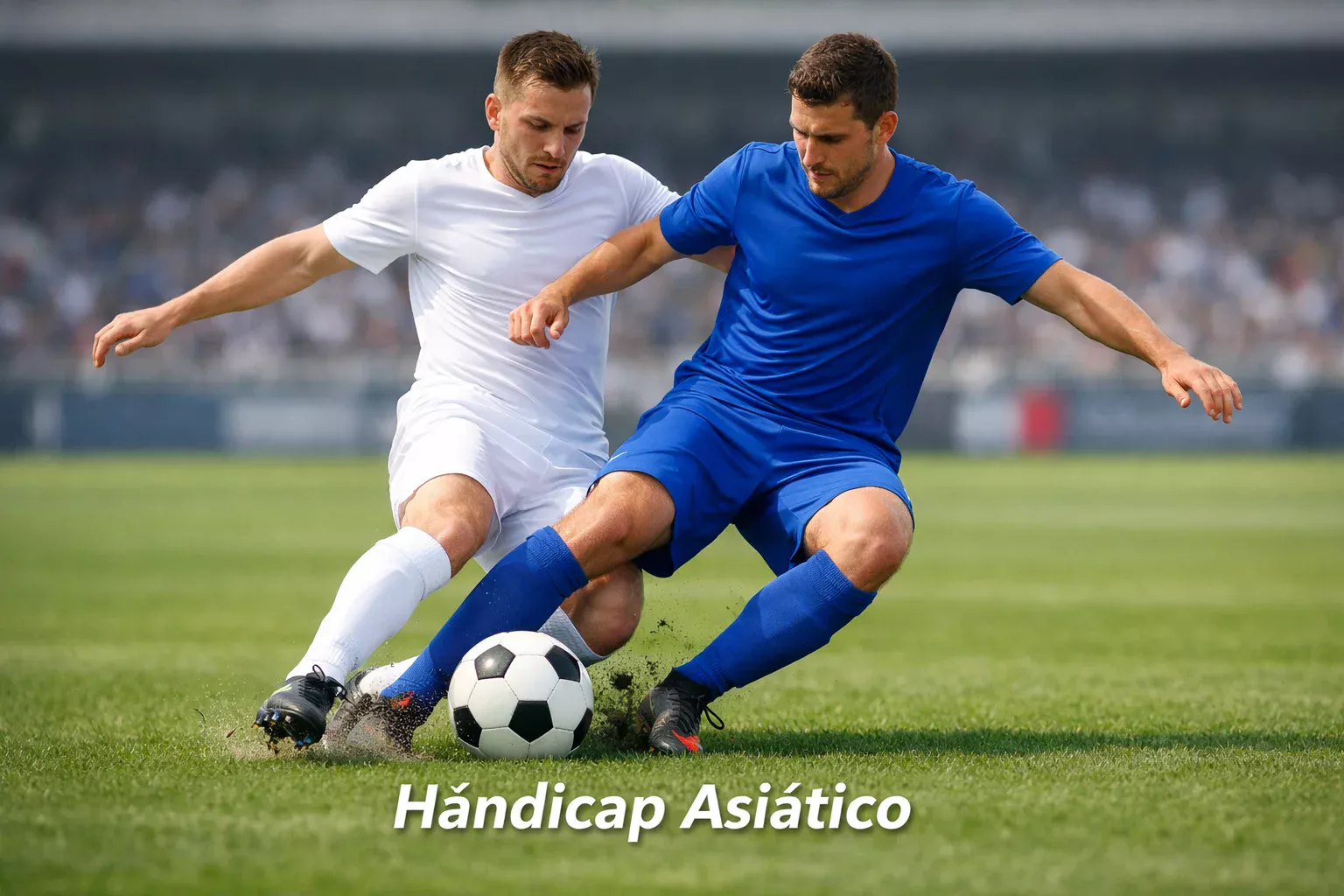 Partido de fútbol profesional con jugadores disputando el balón en campo de césped natural