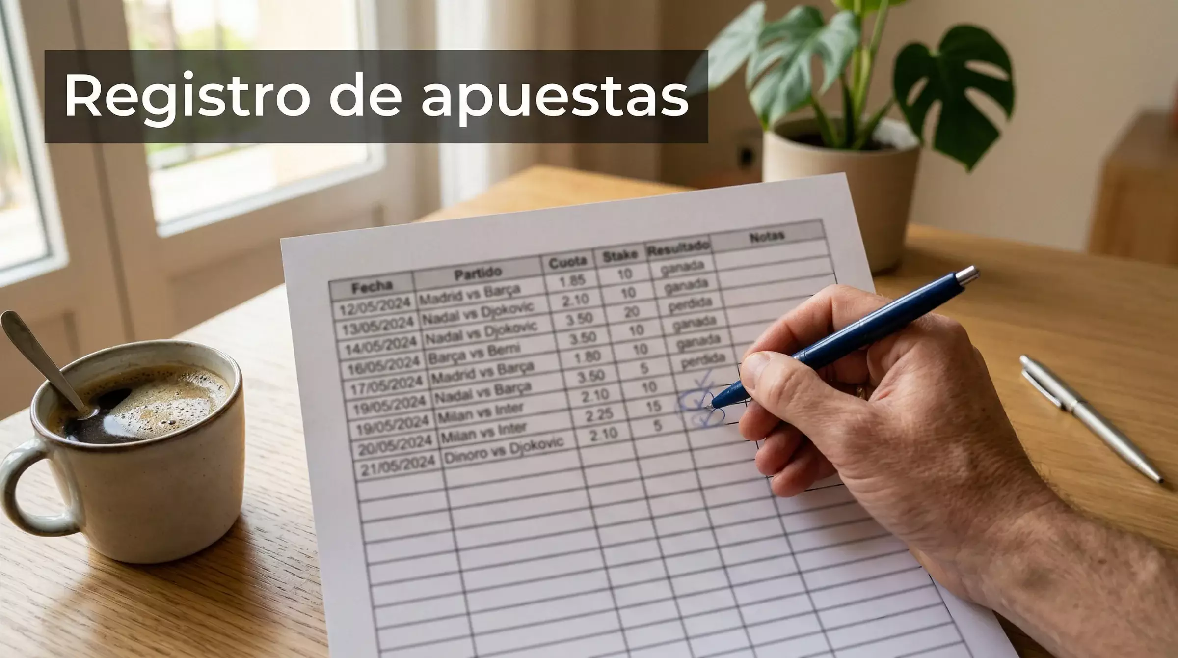 Hoja de cálculo impresa con datos de apuestas y un bolígrafo marcando resultados