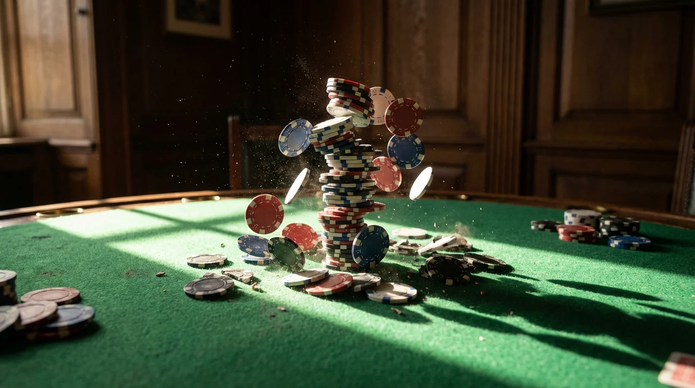 Torre de fichas de póker derrumbándose sobre una mesa de fieltro verde