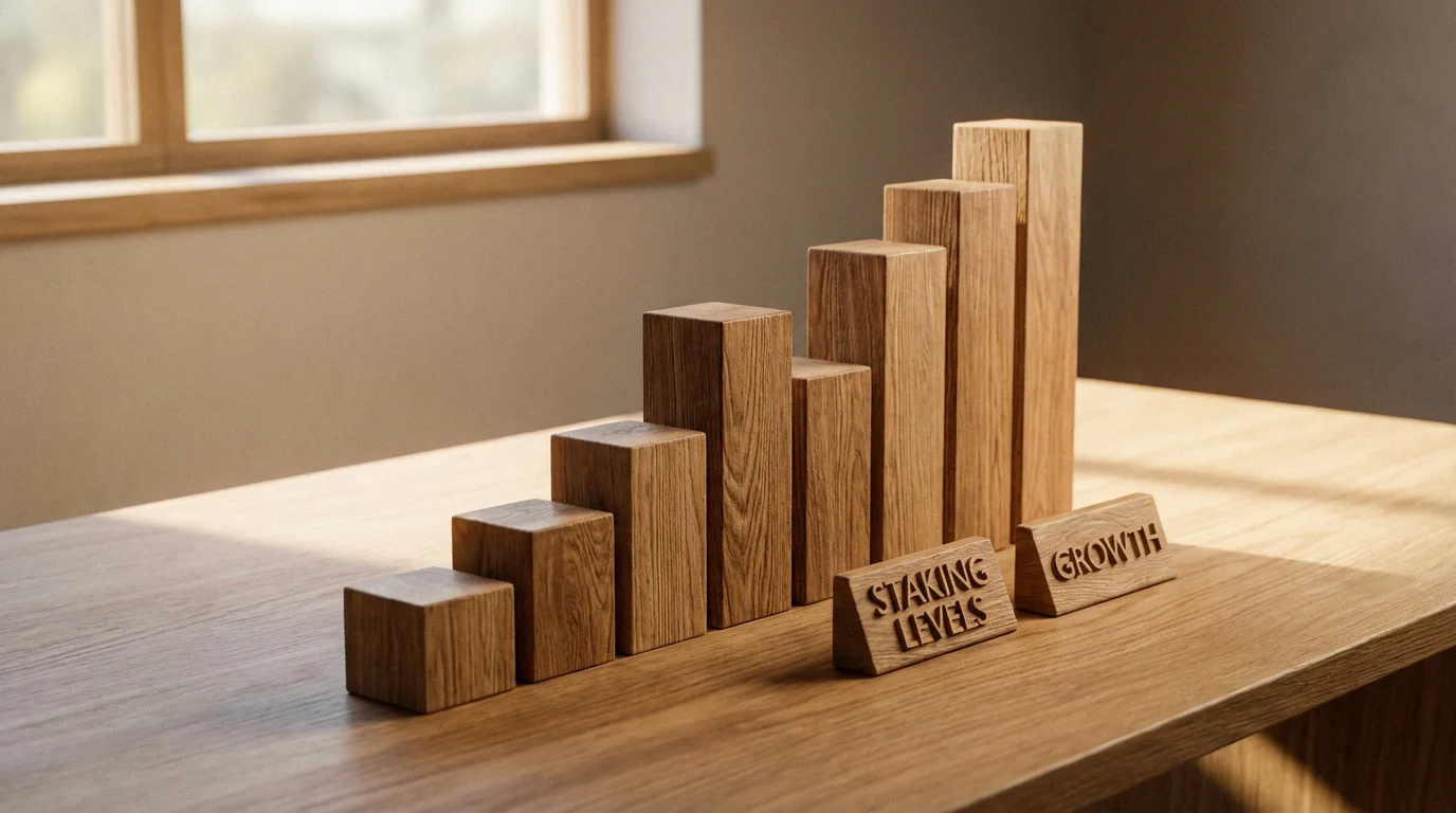 Bloques de madera apilados en diferentes alturas representando niveles de apuesta sobre una mesa