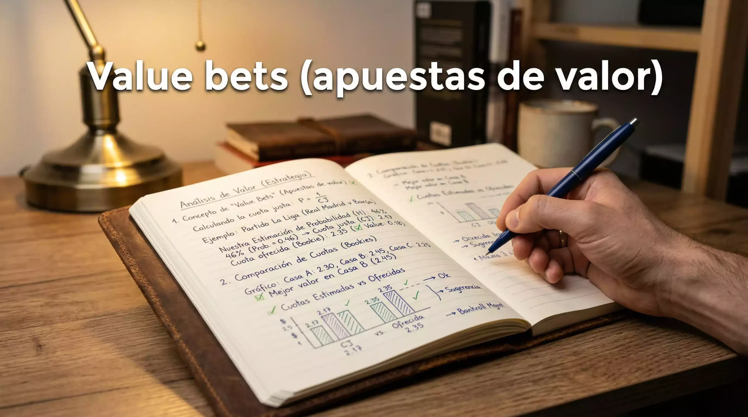 Analista deportivo comparando datos de fútbol en un cuaderno con gráficos escritos a mano